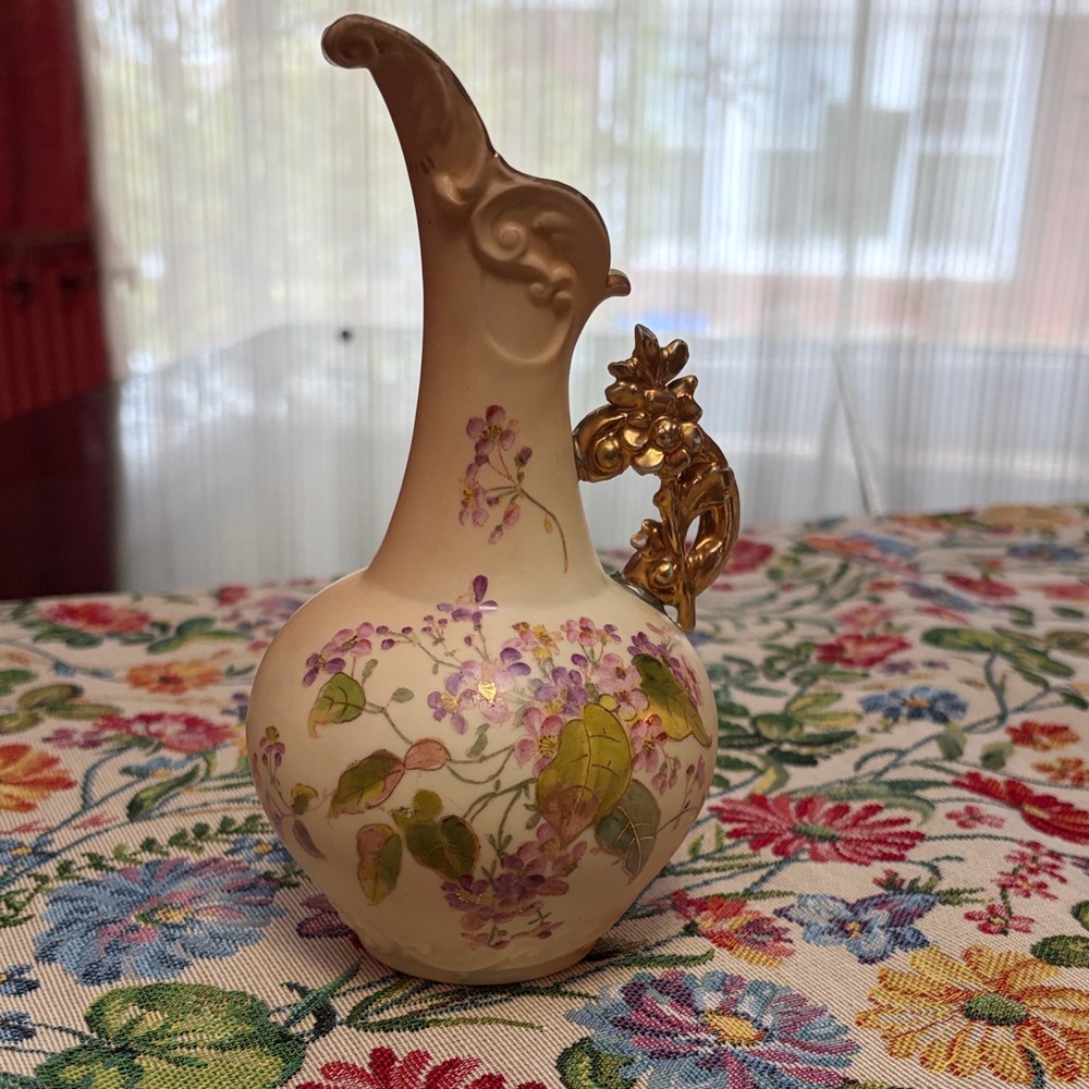 Decorative Floral Porcelain Ewer Vase in Cream with Gold Accents